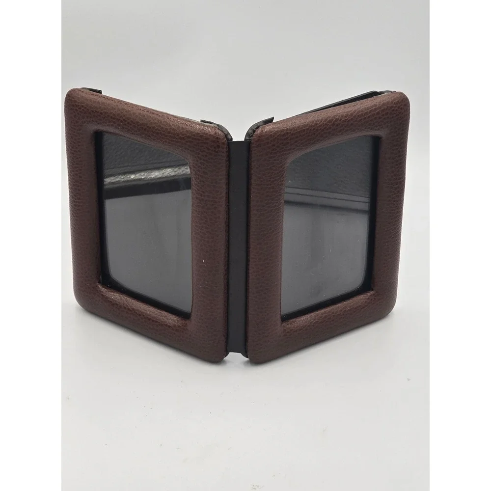 Vintage Bifold Travel Picture Frame Brown Genuine Leather Folding Photo Holder